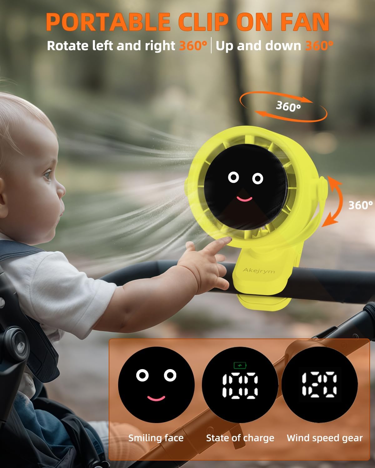 Clip on Fan for Bed, Portable Fan for Travel, Small Powerful 5 Speed Quiet 360° Rotate, Air Turbo Tech & Digital display, For Home Office Stroller Camping (Yellow)