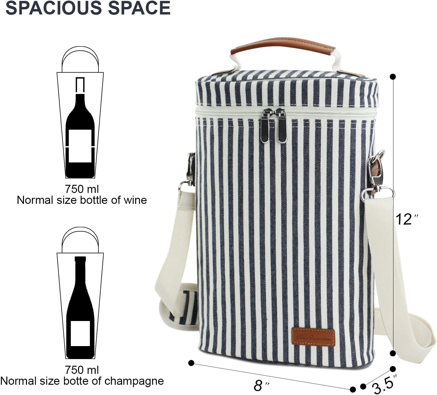 ZORMY 2 Bottle Wine Tote Carrier, Dark Blue, 750 mL Capacity, Polyester Material, With Shoulder Strap and Corkscrew