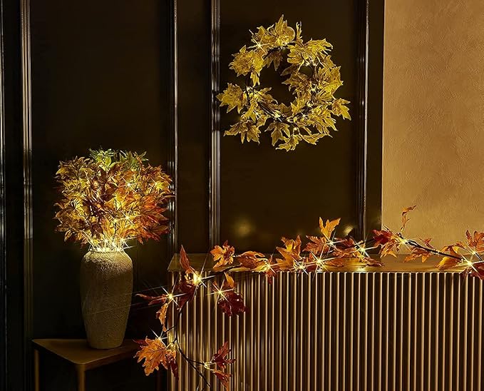 Hairui Lighted Maple Leaf Garland with Timer 6FT 24 Warm White LED, Fall Garland with Lights Battery Operated for Thanksgiving Harvest Christmas Wedding Decoration Indoor Outdoor