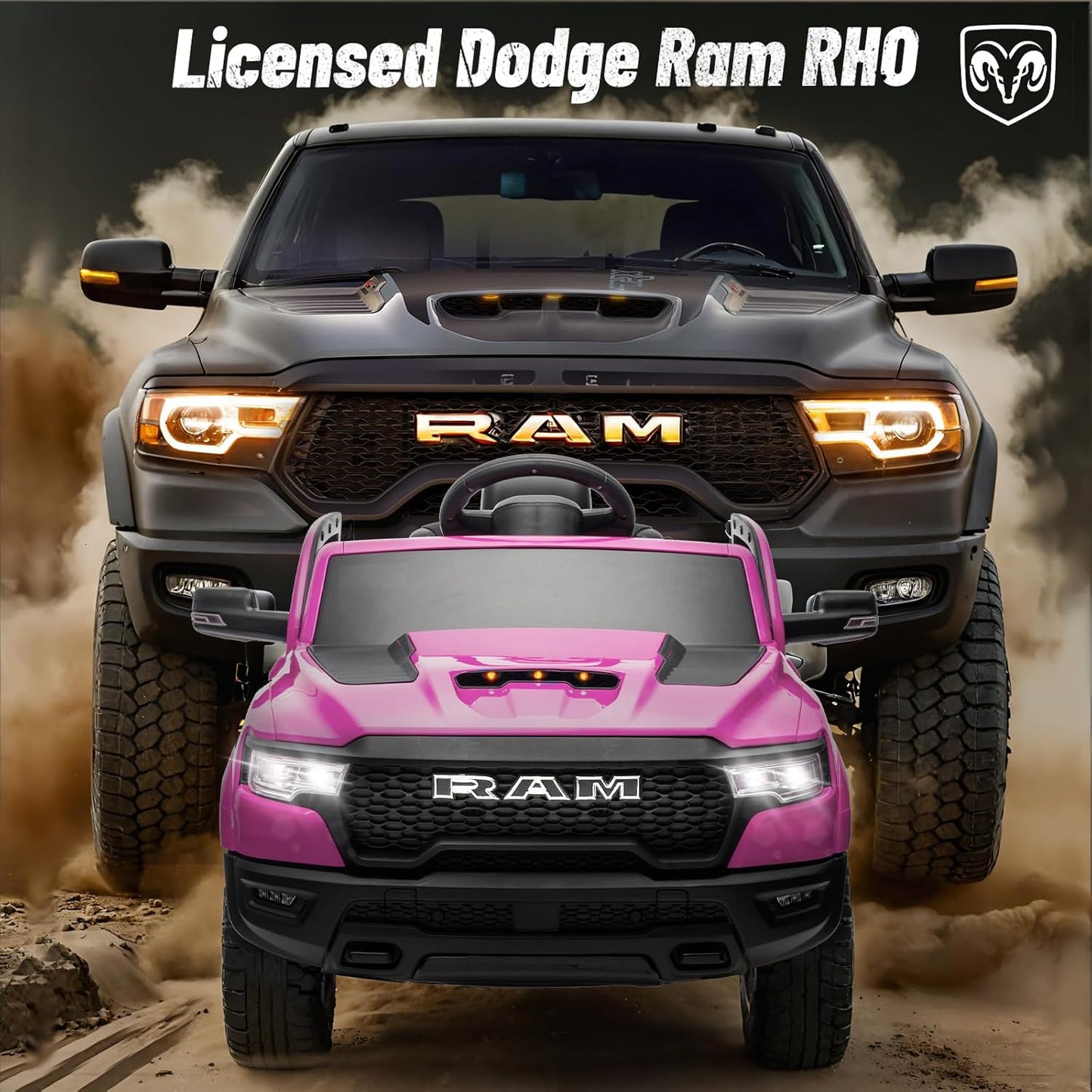 Licensed Ram 1500 Ride on Toys for Kids 4-8, Ride-on Electric Car for Kids with Remote Control, Battery Powered with Car Key/Gear Selector, LED Light/Music/MP3, Back Storage (Pink)