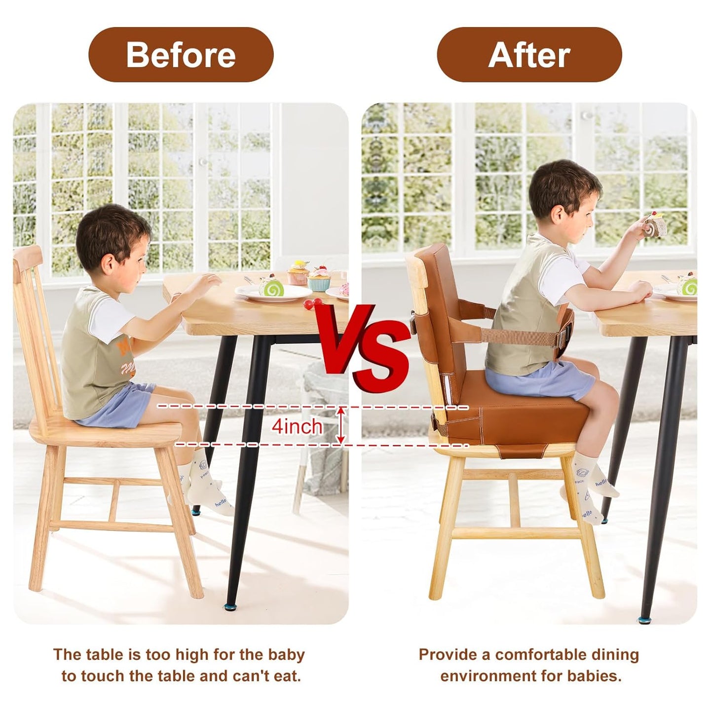 Toddler Booster Seat for Dining Table Kitchen Chair, Waterproof Non-Slip with Backrest & Adjustable Straps, Portable PU Travel Baby Kids Booster Seat Cushion