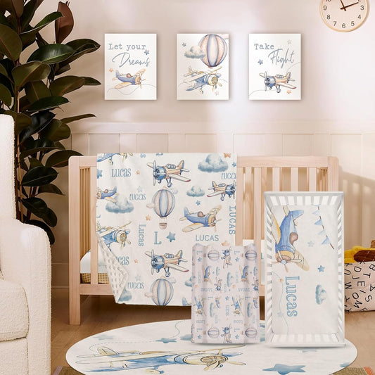 Personalized Baby Crib Bedding Set for Baby Boys Girls, Toy Airplane Pattern Custom Name Baby Crib Sets 5-Pcs, Toddler Double Layer Blanket Fitted Sheets Changing Pad Cover Rug Wall Art Set