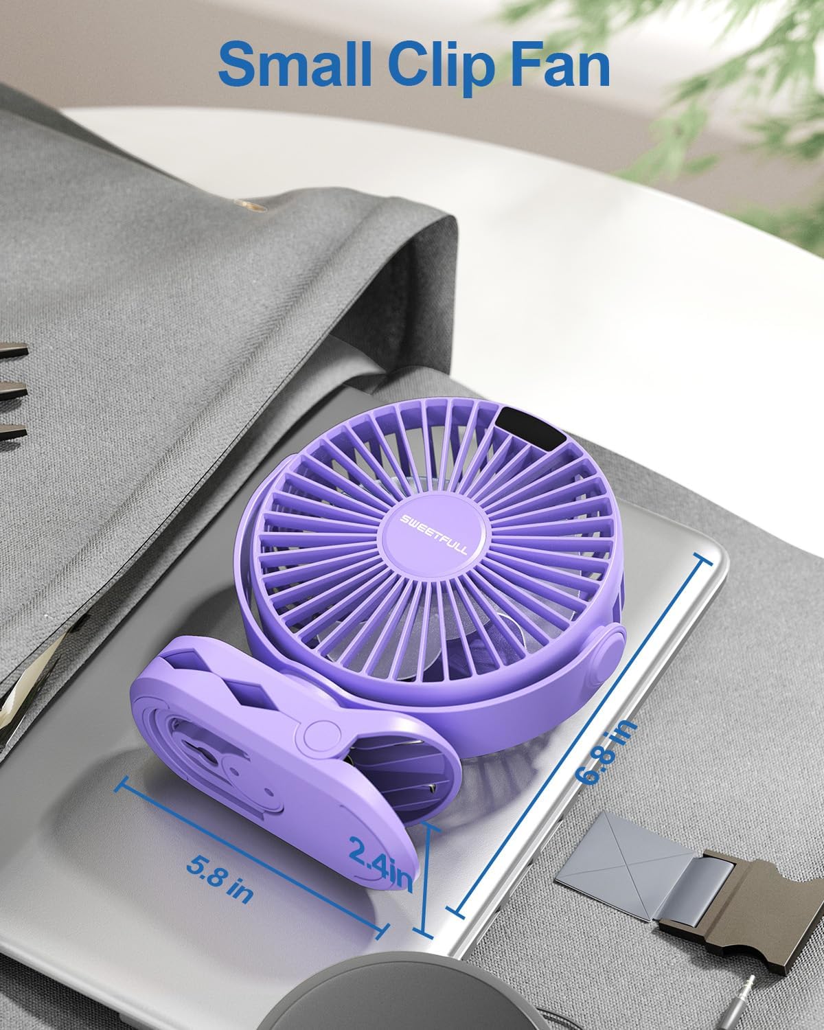 SWEETFULL Portable Clip on Fan - Battery Operated Stroller Fan, 4000mAh Small Rechargeable Fans with LED Display, 4 Speeds, Mini Personal Cooling Desk Cooler for Golf Cart Travel Camping Gym (Purple)