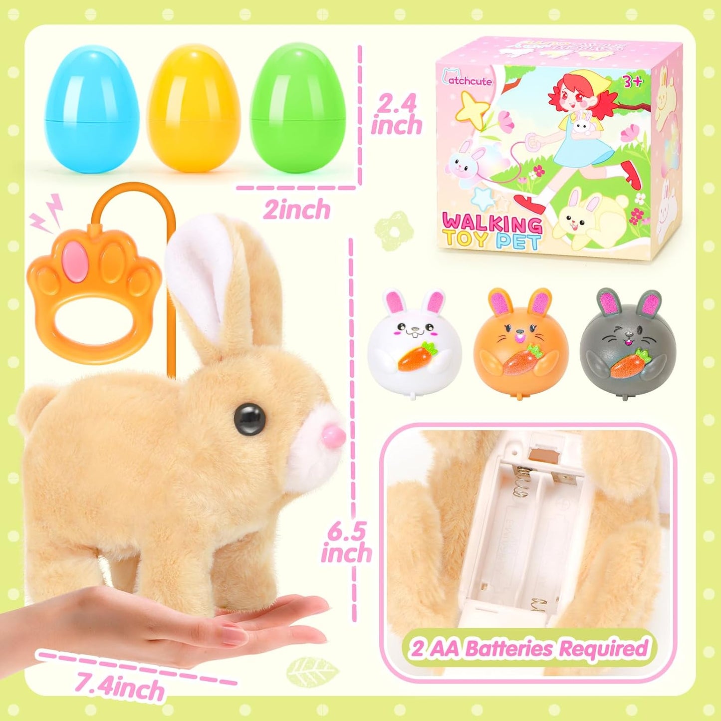 Plush Bunny Easter Toys for Kids,Interactive Bunny with Sounds,Can Walk,Wag Tail and Twitch Nose with Remote Control Leash,Easter Eggs with Pull Back Cars,Easter Birthday Gift for Toddlers