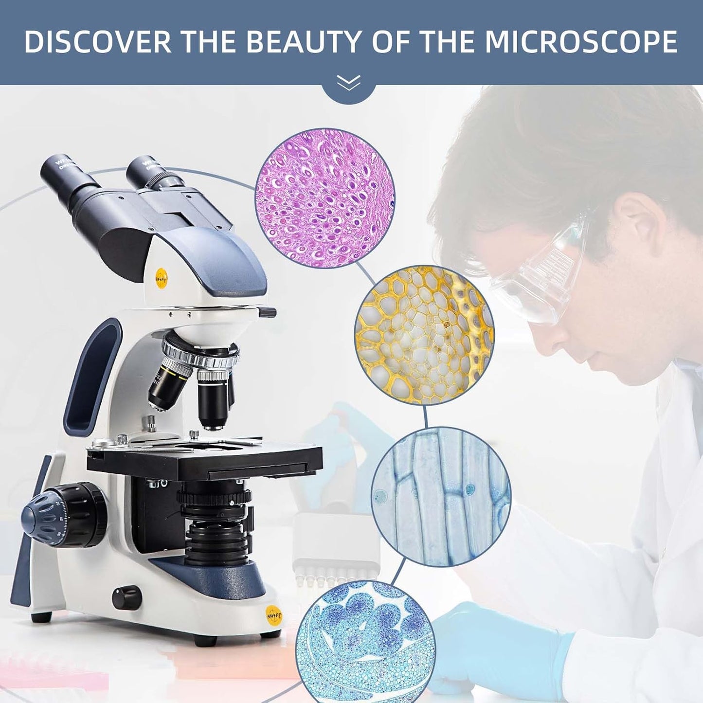 SWIFT SW380B Compound Binocular Microscope 40X-2500X, with 5MP USB Camera,Microscope Lens Adapter and 100 PCS Slide Kit