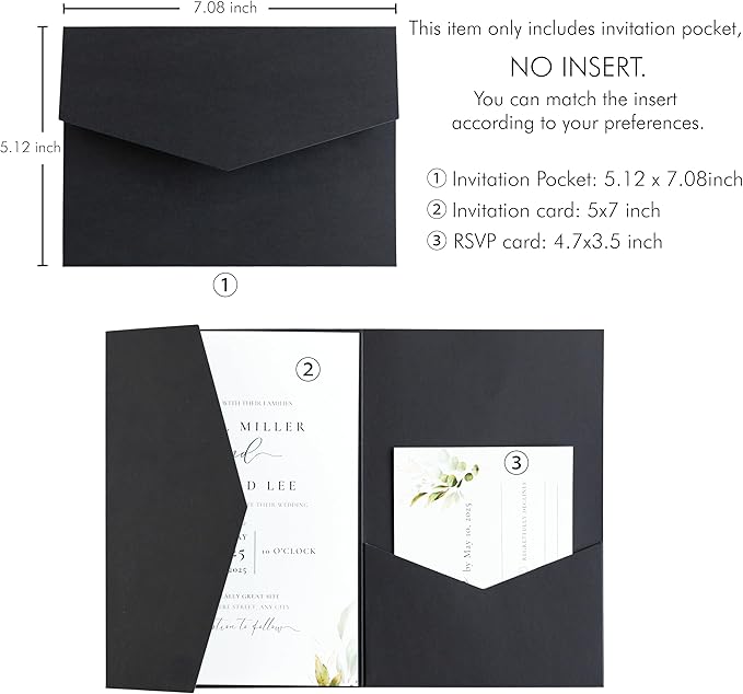 20 PCS Black Tri-fold Laser Cut Wedding Invitation Pockets for 5x7 Wedding Cards Bridal Shower Engagement Quinceanera Invitation
