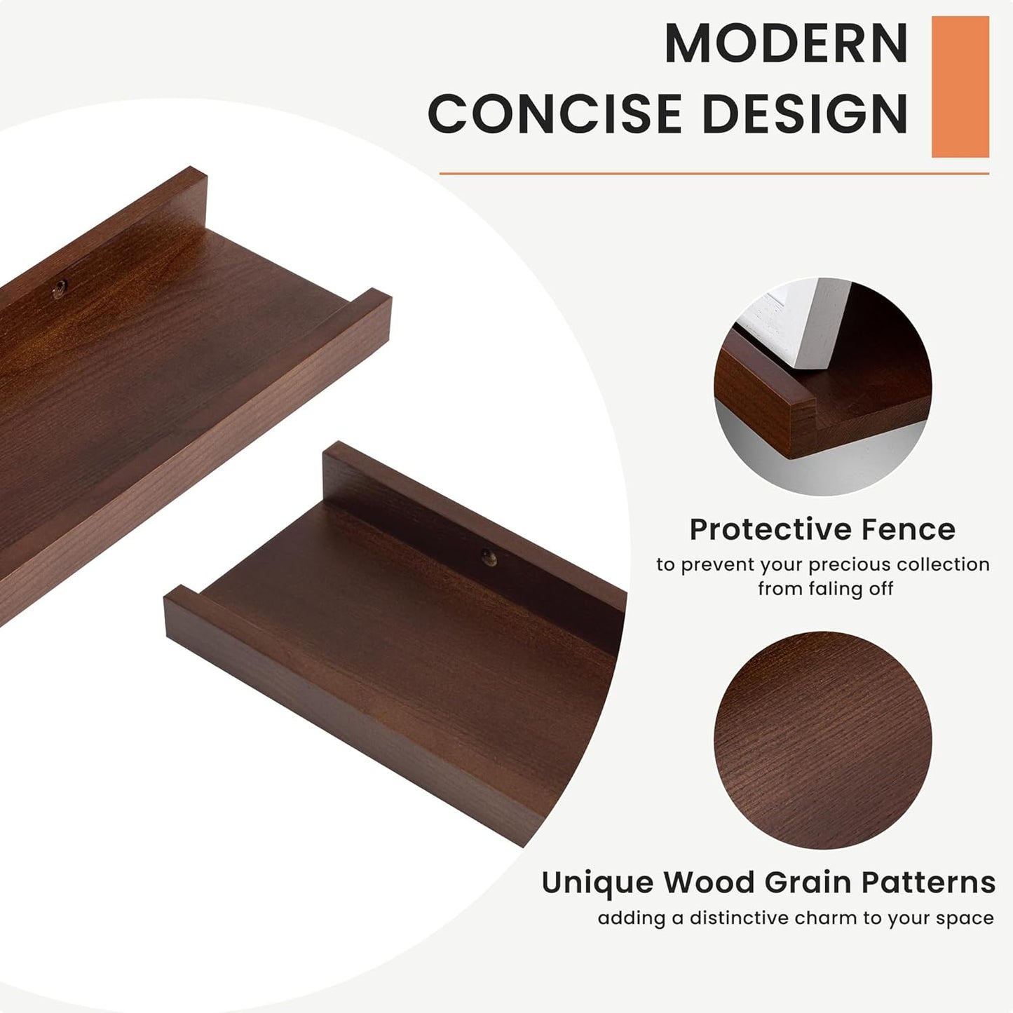 Solid Ash Wood Picture Ledge Shelf, 36 Inch Floating Shelves with Lip Set of 2, Photo Ledge Shelf Nursery Bookshelf Wall Mounted for Living Room Bedroom Decor, Walnut