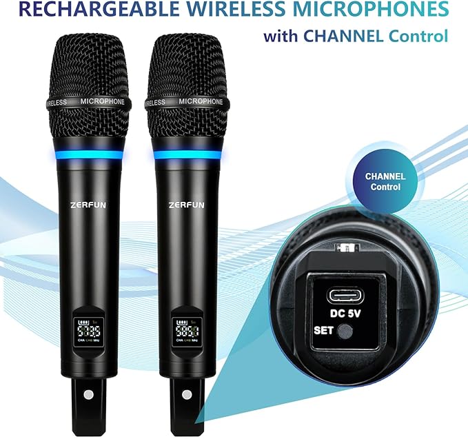 2 Channel Rechargeable Wireless Microphone System, Pro UHF Metal Handheld Wireless Microphones Cordless Mics with Mini Receiver, Channel Control for Karaoke Singing Church