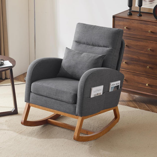 VINGLI Grey Linen Nursery Rocking Chair with Thick Headrest, Upholstered Mid-Century Modern Nursing Rocker Glider with Curved Armrest, Sturdy Solid Wood Base for Living Room, Bedroom, Baby Room