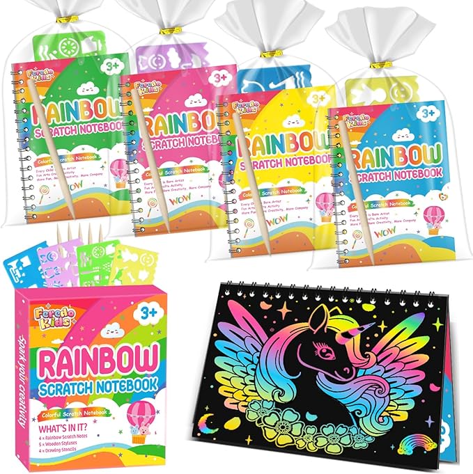 Party Favors for Kids: 4 Pack Rainbow Scratch Art Notebook Students Classroom Gifts Bulk for Girls Boys Goodie Bags Stuffers, Return Gifts for Birthday Party Favors Bulk Kids Crafts