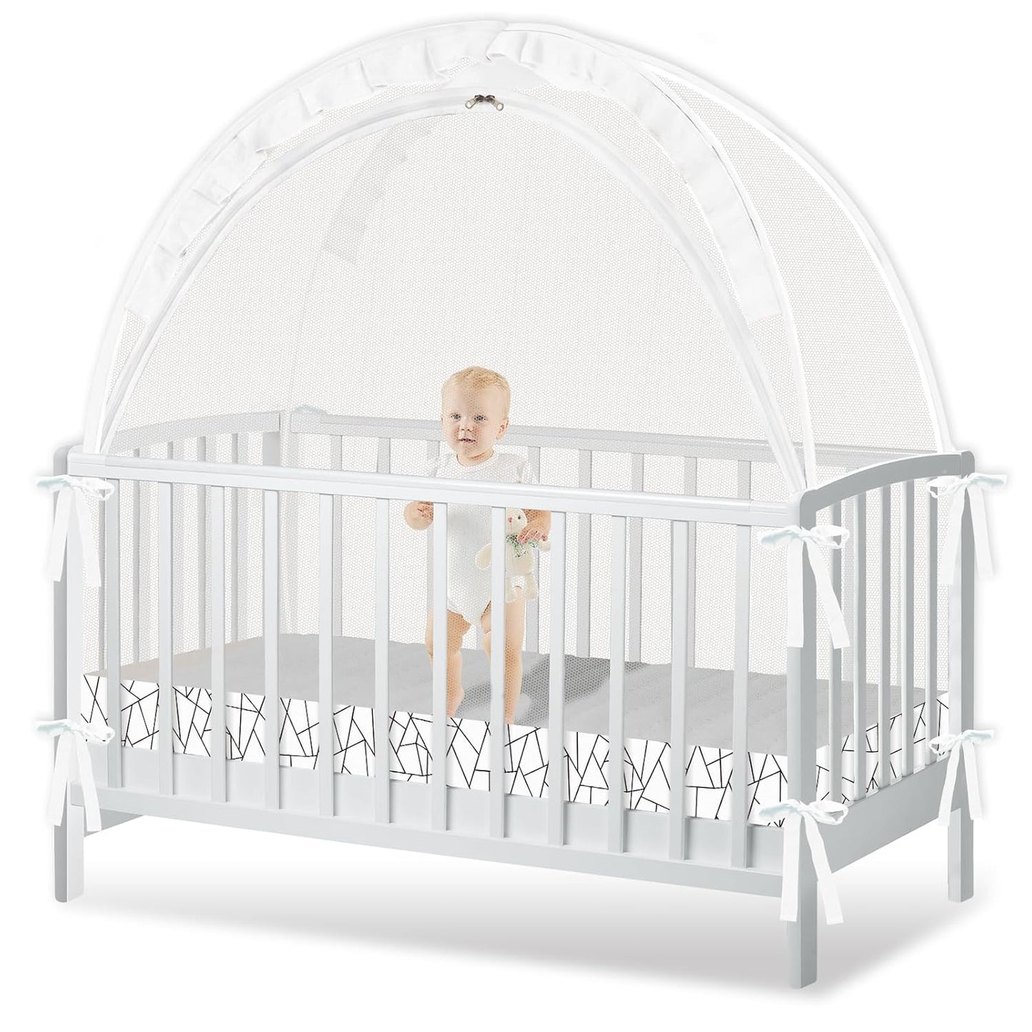 Crib Tent to Keep Baby from Climbing Out - Crib Net to Keep Baby in - Pop Up Breathable Cribs Cover - Canopy with Upgrade Strong Mesh and Durable Zipper (White - Lines, Lager)