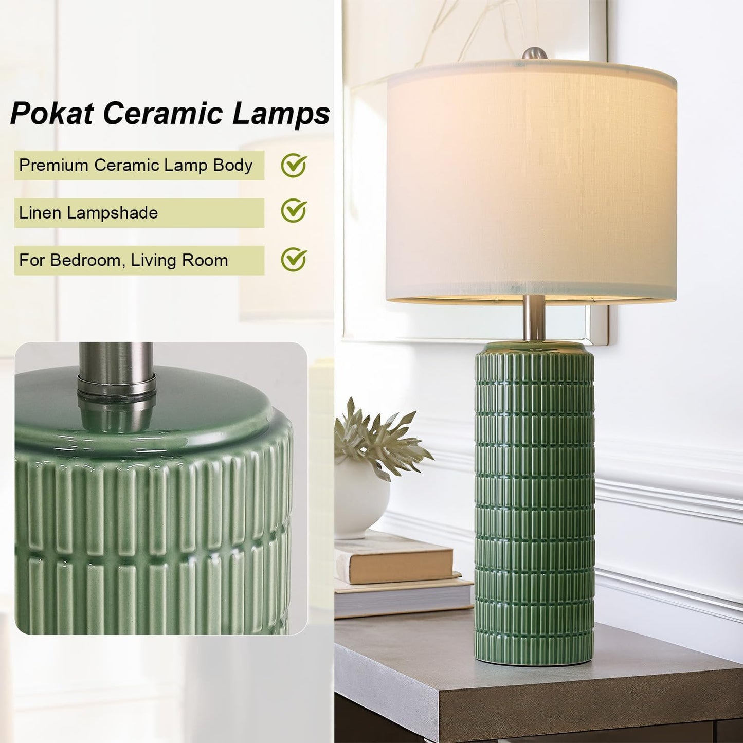 PoKat 27.5" Dark Green Ceramic Table Lamps for Living Room, Farmhouse Table Lamps Set of 2 for Bedroom Night Stands, Modern Bedside Lamps for End Side Table, Vintage Nightstand Decor Lamps Home Office
