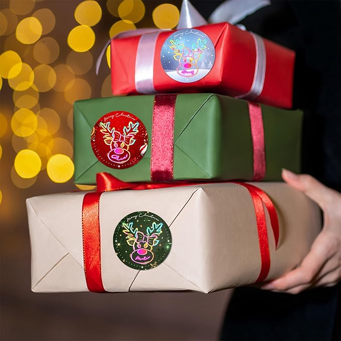 Personalized Christmas Stickers - Custom Name Waterproof Christmas Gift Tags for Gift Box Xmas Holiday Decorations Party Favors - 30 Stickers (Neon Reindeer)