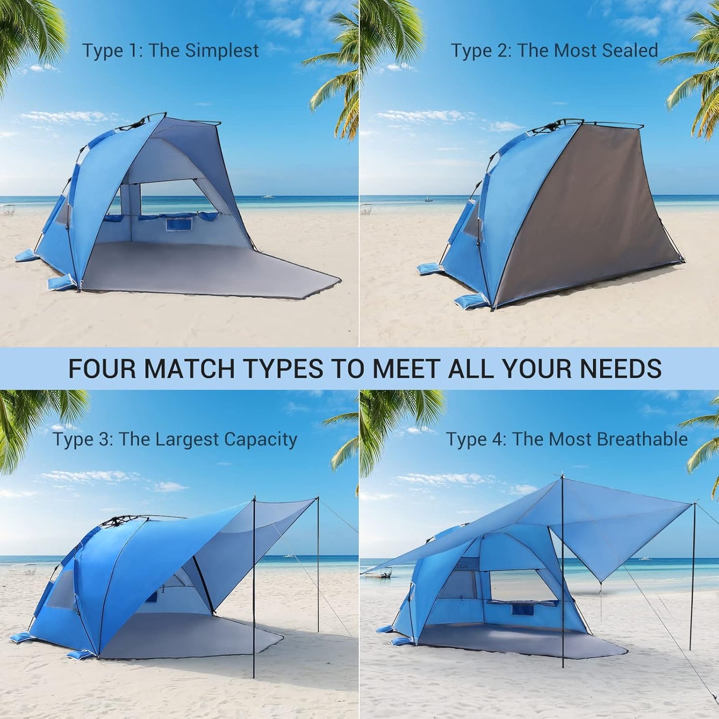 Elegear Beach Tent with Canopy, 1-Second Setup Pop Up Sun Shelter Shade, UPF 50+ UV Protection Silver-Coated Lightweight Portable Beach Cabana