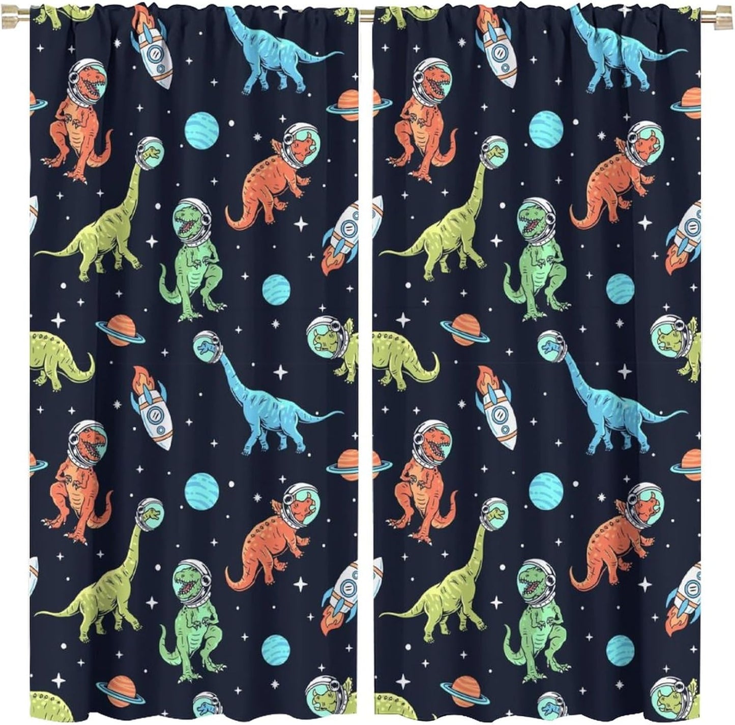 Cartoon Dinosaur Curtains for Kids Boys Girls Home Decor, Astronaut Rocket Funny Outer Space Blackout Rod Pocket Window Drapes for Bedroom Living Room W21xL54in 2 Panels