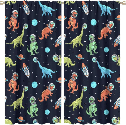 Cartoon Dinosaur Curtains for Kids Boys Girls Home Decor, Astronaut Rocket Funny Outer Space Blackout Rod Pocket Window Drapes for Bedroom Living Room W21xL45in Decor