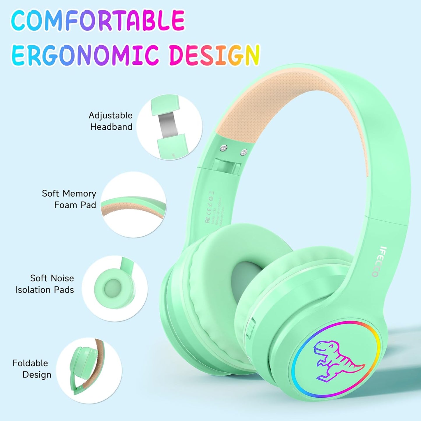 IFECCO Kids Wireless Headphones with Microphone,Cute Light Up Dinosaur Children Boys Girls Bluetooth Headphones with Case for School Travel Gifts