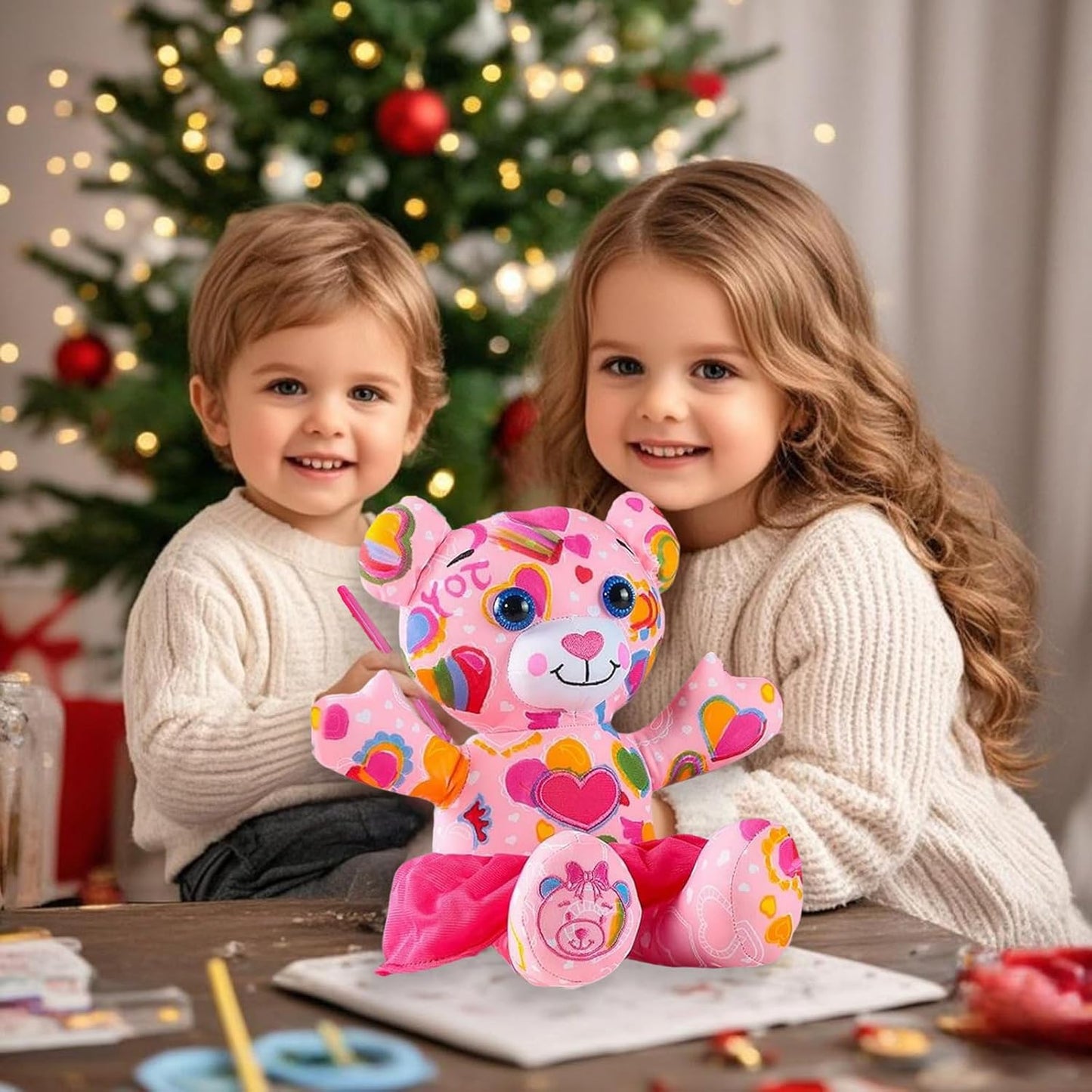 Coloring Plush Toy with 5 Washable Markers for Little Girls Doodle Dolls for Kids Ages 4-6 Birthday (Pink Bear)