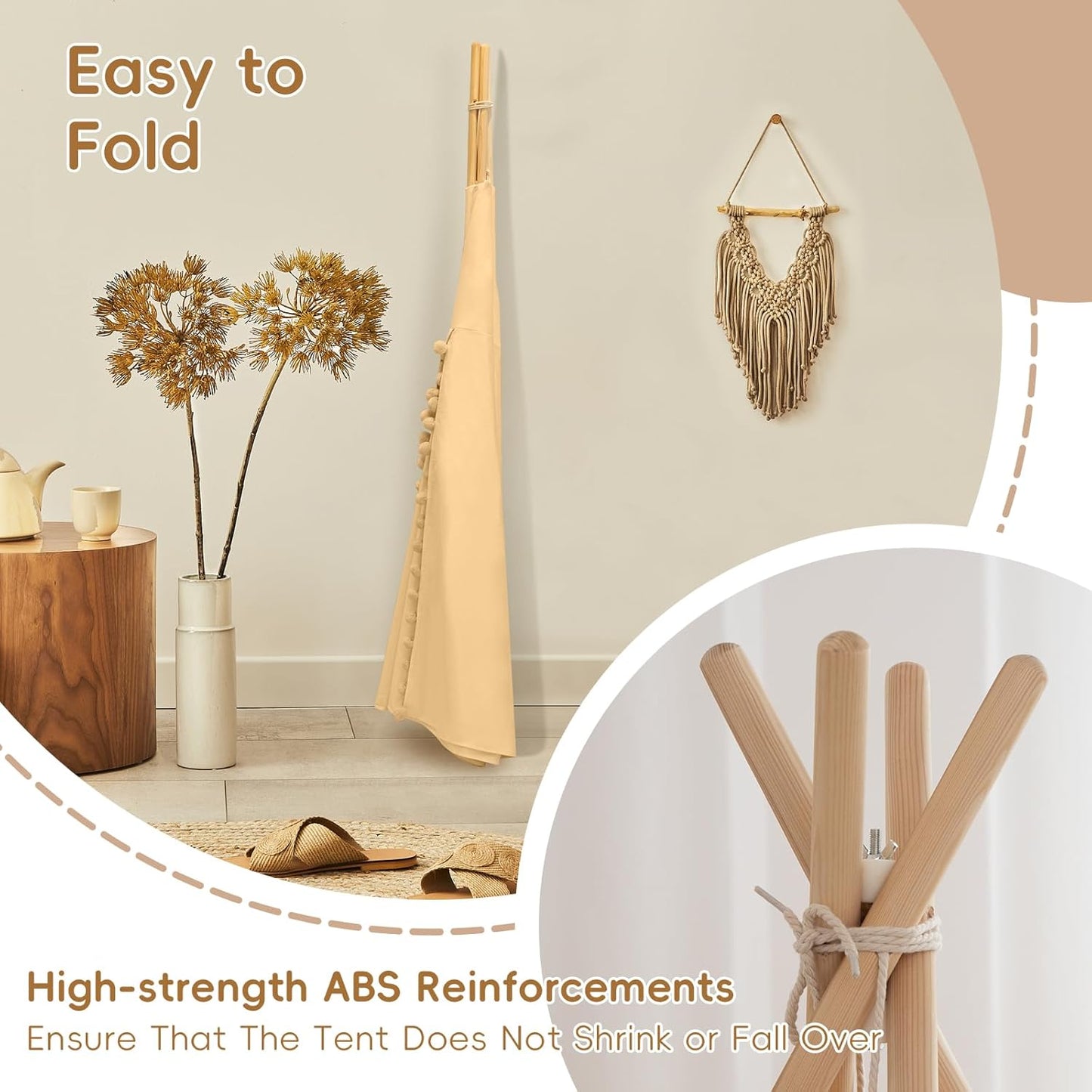 Teepee Tent for Kids with Mat, Cotton Canvas Kids Teepee with Pompom for Toddlers Indoor Play Tent for Girls Boys with Stars Lights, Carry Bag, Banner Flag (Khaki)