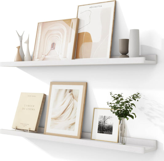 Solid Ash Wood Picture Ledge Shelf, 36 Inch Floating Shelves with Lip Set of 2, Photo Ledge Shelf Nursery Bookshelf Wall Mounted for Living Room Bedroom Decor, White