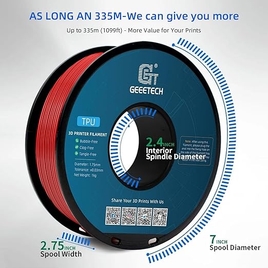 Geeetech TPU Filament 1.75mm, 95A Flexible 3D Printer Filament with High Elasticity, 1KG (2.2lbs) Spool, Dimensional Accuracy ±0.03mm, Fits Most FDM Printers, Red