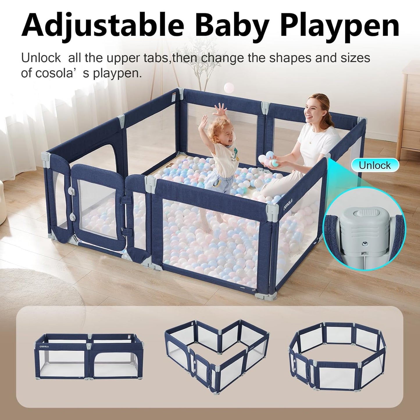 Baby Playpen,Large Play Pen for Babies and Toddlers with Door 79x71 Inch, Adjustable Playpen Non-Slip Suction Cups Base Safe and Sturdy, Indoor Outdoor Playard,Black