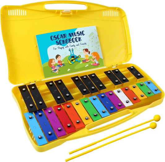 MINIARTIS Glockenspiel Xylophone | 25 Note Colorful Metal Keys Xylophone for Kids | Percussion Musical Instrument | Educational Music Toy Includes Music Songbook, Mallets and Yellow Carry Case