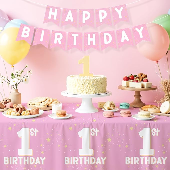 Gatherfun Baby Girl Party Supplies Set: 1st Birthday Decorations, Includes 2-Pack Baby Girl-Themed Tablecloths for First Birthday Decorations, Disposable Table Covers 54 x 108 Inch