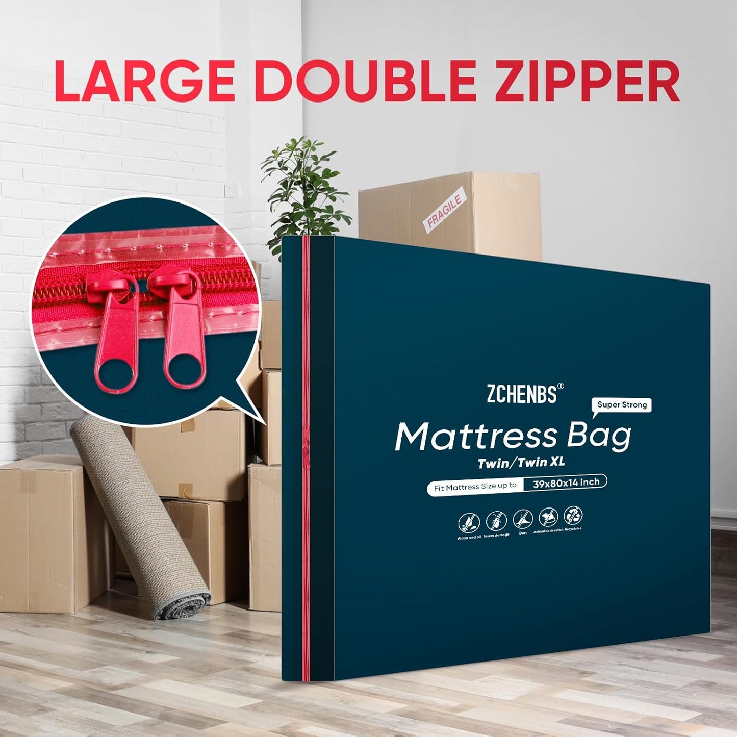 ZCHENBS® – Mattress Bags for Moving and Storage,Mattress Bag with Zippers,5 Mil Ultra-Thick Bed Bag,Waterproof,Anti-Tear,Heavy-Duty Mattress bag (Black, Twin/Twin XL-(1 Pack))
