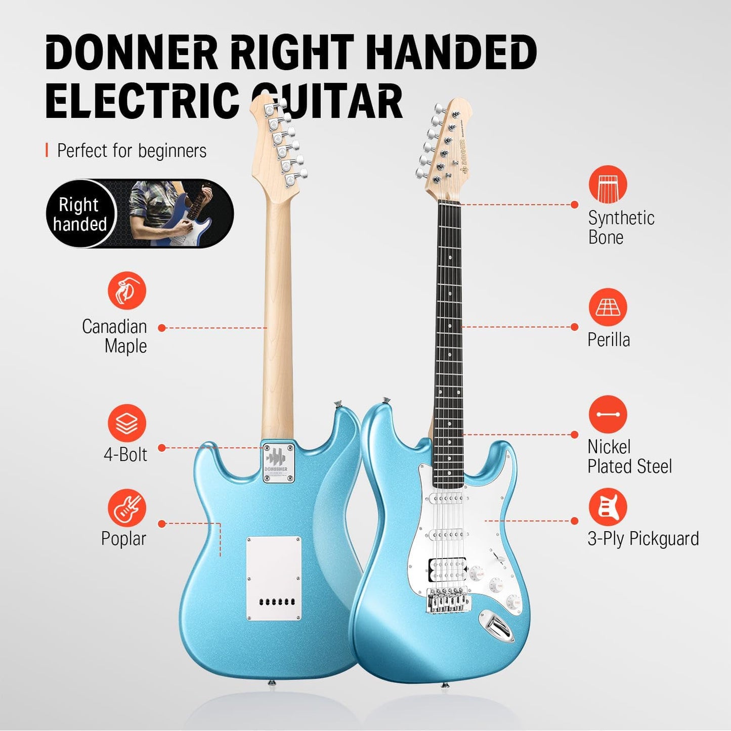 Donner DST-100T 39 Inch Electric Guitar Beginner Kit Solid Body Full Size Lake Blue HSS Pick Up for Starter, with Amplifier, Bag, Digital Tuner, Capo, Strap, String,Cable, Picks