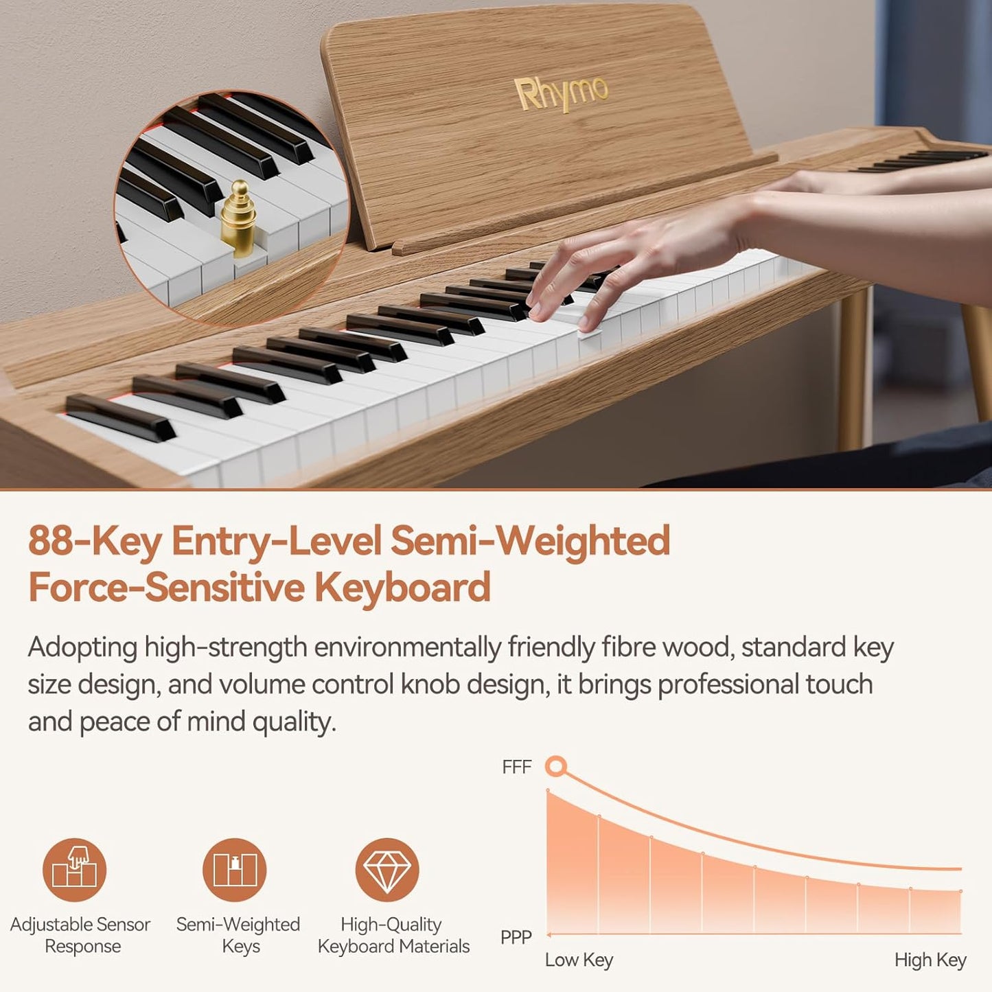 RHYMO 88-Key Weighted Digital Piano - Touch-Sensitive Full-Size Keyboard for Beginners, Includes Stand, Triple Pedal & USB-MIDI