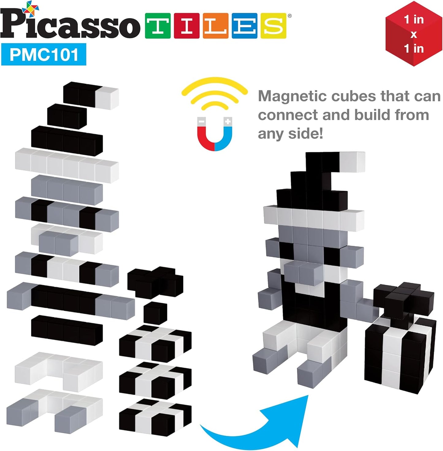 PicassoTiles 101pc Magnetic Puzzle Cube Set Black and White 1 Inch Construction Blocks STEM Educational Toy for Kids Age 3 Plus Sensory Learning Kit with Idea Book for Building and Creativity PMC101