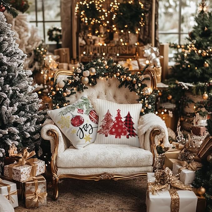 GEEORY Winter Christmas Throw Pillow Covers 20 x 20 Inch Set of 4, Xmas Trees Snowflake Snowman Joy Holiday Farmhouse Decorative Cushion Cases for Home Decoration G583-20