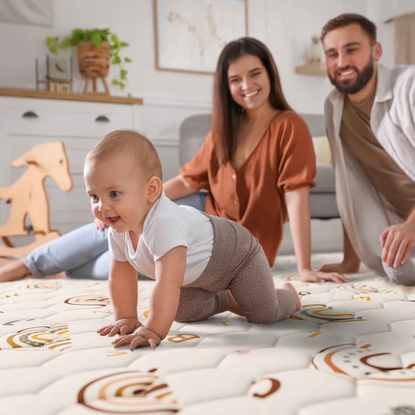 Boho Rainbow Baby Play Mat 71" X 59" Playpen Mat Thicken One-Piece Crawling Mat Non-Slip Cushioned Baby Floor Mat Letter Playmats for Babies Toddlers Infants Tummy Time Activity (71X59,Beige)