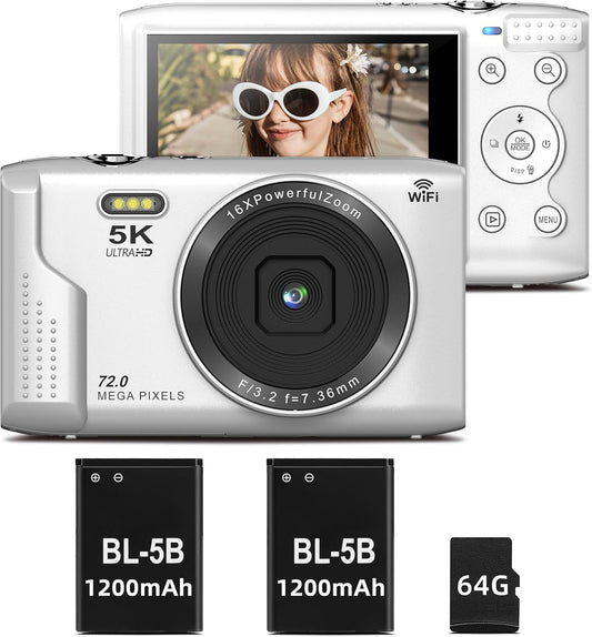 T TAKMLY Digital Camera 5K, Autofocus 16x Zoom 72MP Point and Shoot Cameras Compact Portable with Flash for Kids Boys Girls Teens Students, Anti Shake 2.8'' Screen, 64GB Card Include, White