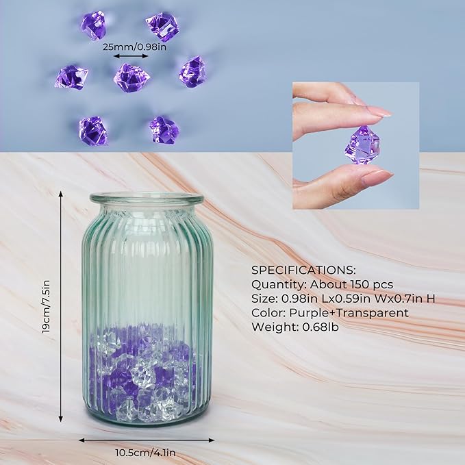 Acrylic Crushed Ice Rocks, Babenest 150 PCS Fake Crystals Plastic Ice Cubes Diamonds Gems for Vase Fillers, Home Decoration, Table Scatter, Event, Wedding, Arts & Crafts (Purple/Clear)