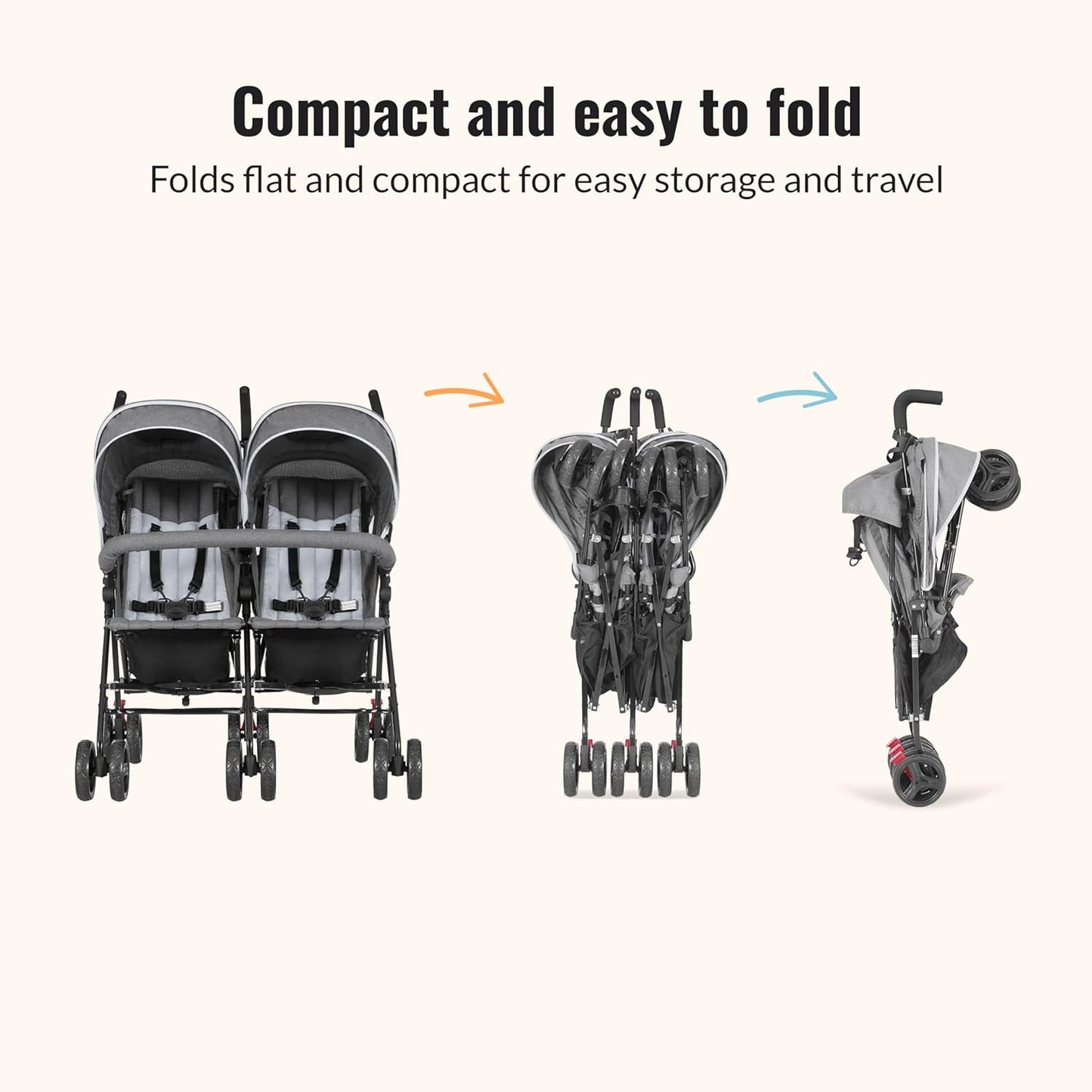 Dream On Me Volgo Twin Umbrella Stroller in Gray, Lightweight Double Stroller for Infant & Toddler, Compact Easy Fold, Large Storage Basket, Large and Adjustable Canopy