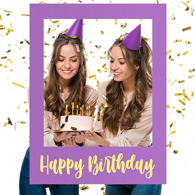 32 x 24 Inch Large Photo Booth Props Picture Frame Happy Birthday Party Frame DIY Cutouts Photo Booth Props Selfie for Party Supplies Favors(Purple Gold,Happy Birthday)