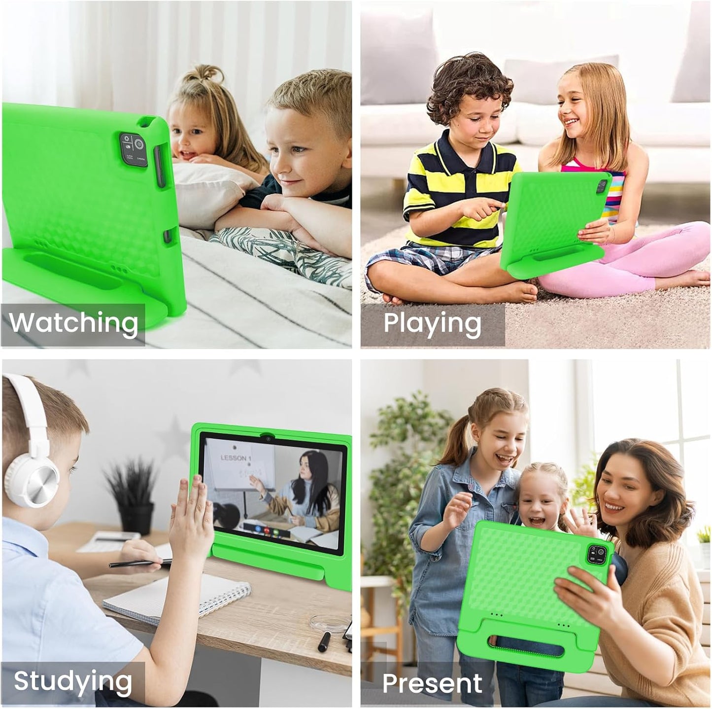 Kids Tablet 10.1 inch Android 14 Octa-Core 64GB 6000mAh Kids Space Parental Control 1280 * 800 HD Touchscreen Shockproof Case Dual Camera Gift for Toddler Children (Green)