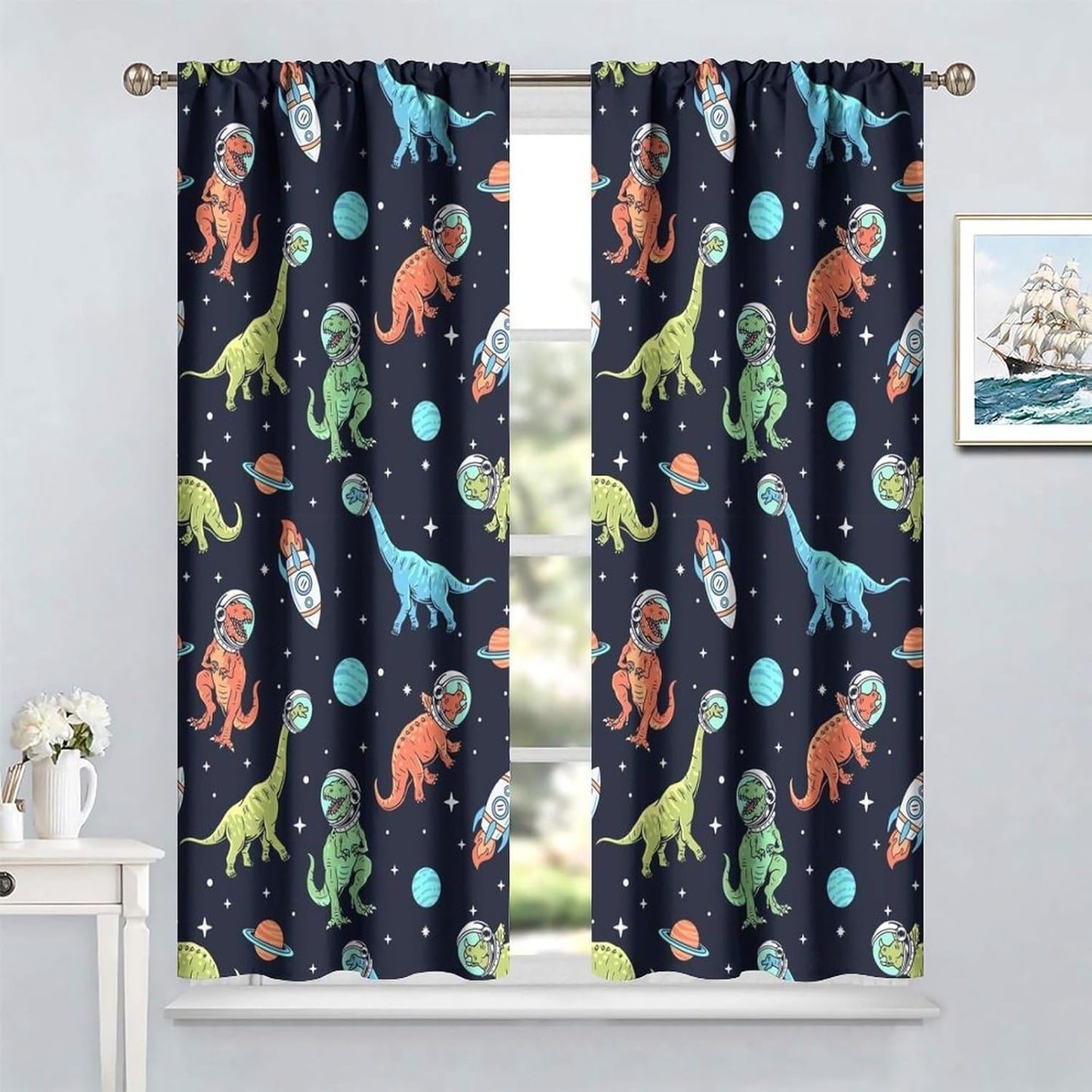 Cartoon Dinosaur Curtains for Kids Boys Girls Home Decor, Astronaut Rocket Funny Outer Space Blackout Rod Pocket Window Drapes for Bedroom Living Room W27.5xL63in 2 Panels