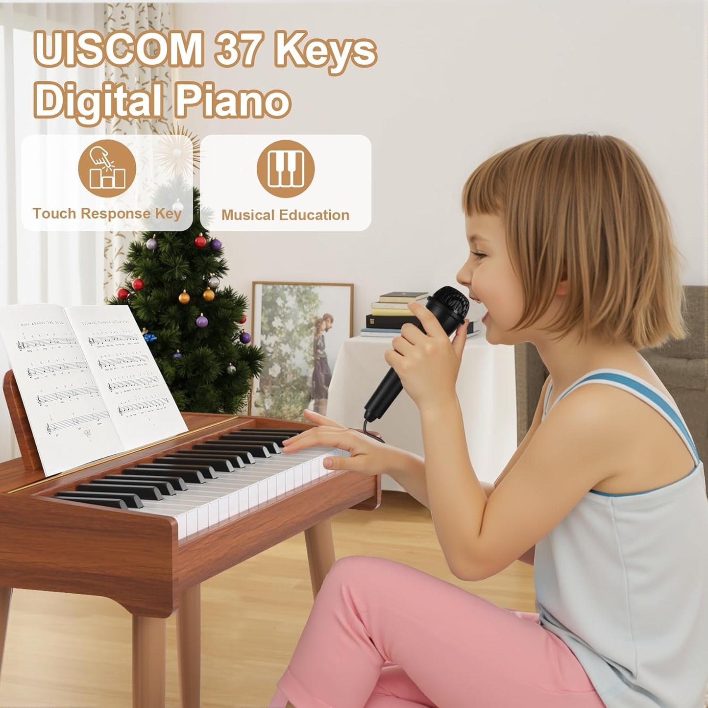 Kids Keyboard Piano, 37 Keys Digital Piano, Toddler Musical Instruments, Wooden Kids Piano with Bench, Toddler Piano for 3+ Girls and Boys, Brown