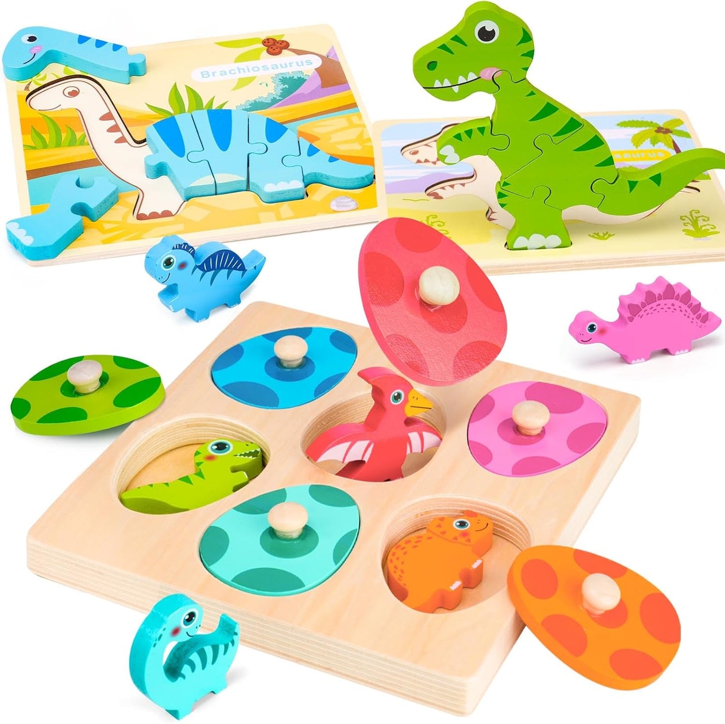 Toddler Dinosaur Puzzle with Eggs - Montessori Wooden Puzzles for 1-4 Year Olds