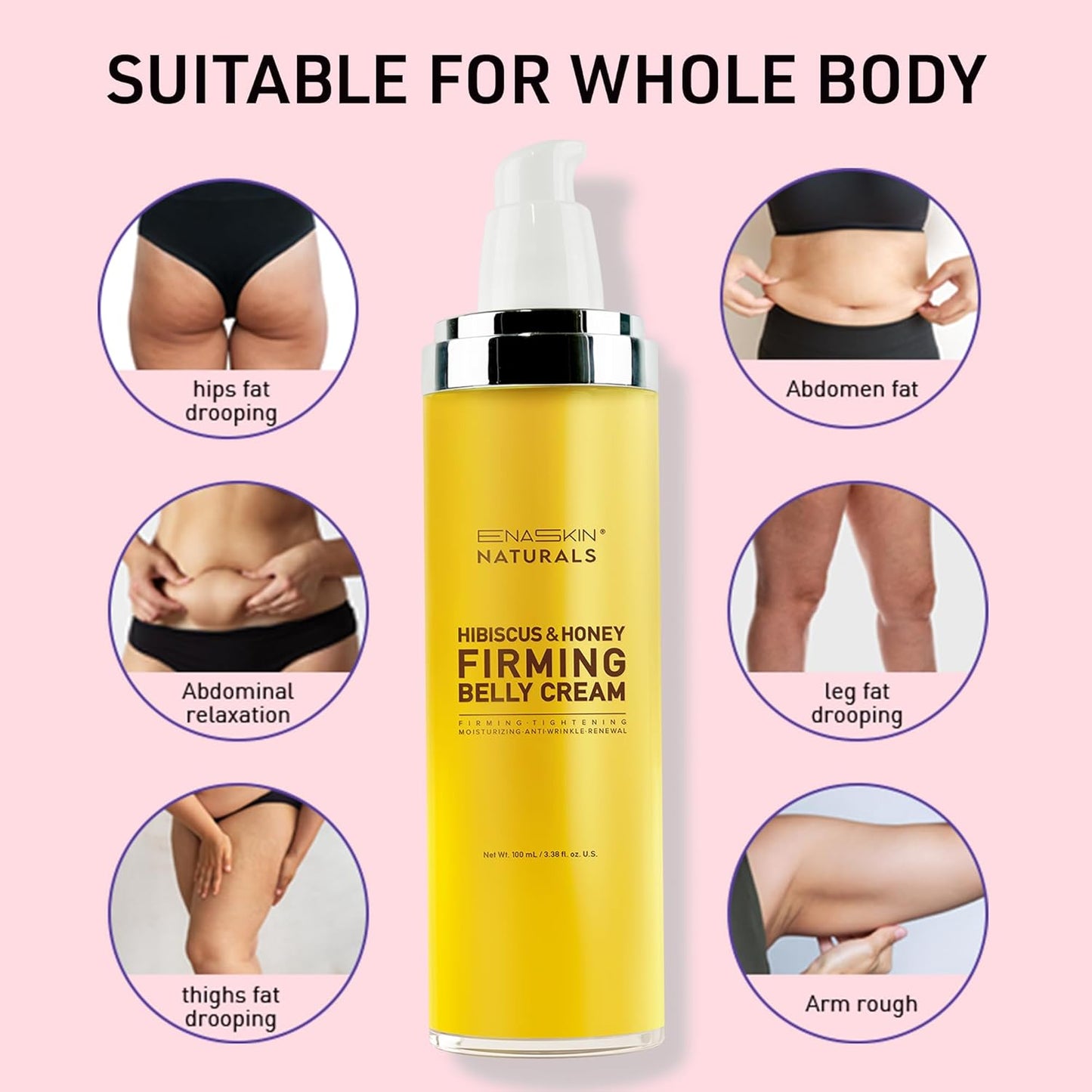 Enaskin Naturals Belly Firming & Skin Tightening Cream — Hibiscus and Honey Cellulite Lotion for Stomach, Thighs & Butt — Moisturizing & Lifting Body Lotion for Women, 100ML