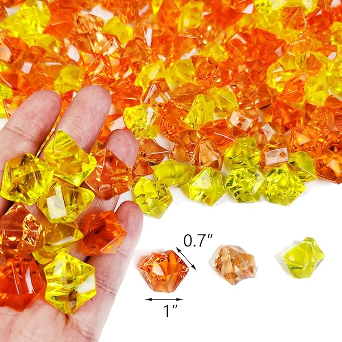 HappyFiller Fall Decor Fake Ice Rocks Cubes Acrylic Gems Stones for Vase Fillers,Kitchen Dinning Room Table Scatters,Crafts,Home Centerpieces,Candle Holder,Mix Yellow Amber Orange,14 OZ