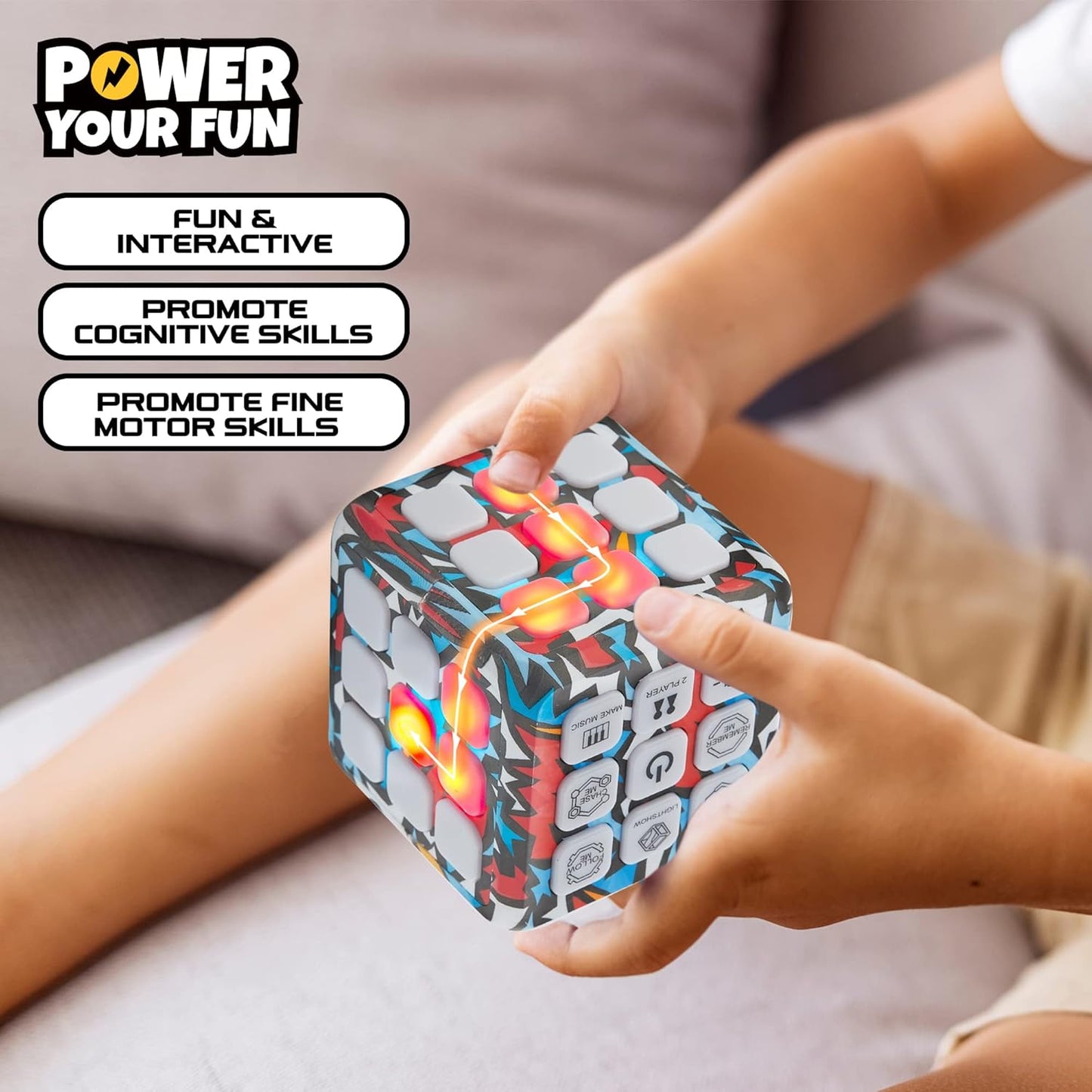 Power Your Fun Cubik LED Flashing Cube Memory Game - Electronic Handheld Game, 5 Brain Memory Games for Kids, STEM Sensory Toys Brain Play Puzzle Fidget Light Up Cube Stress Relief Fidget Toy (Action)