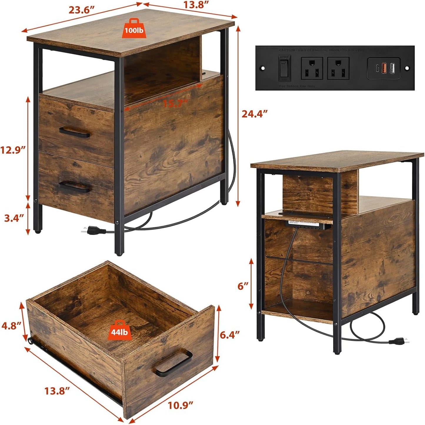 Side Tables with Charging Station, Narrow End Table with 2 Wooden Drawers, USB Ports and Power Outlets, Narrow Nightstand and Bedside Table, Side Tables Living Room, Bedroom, Brown