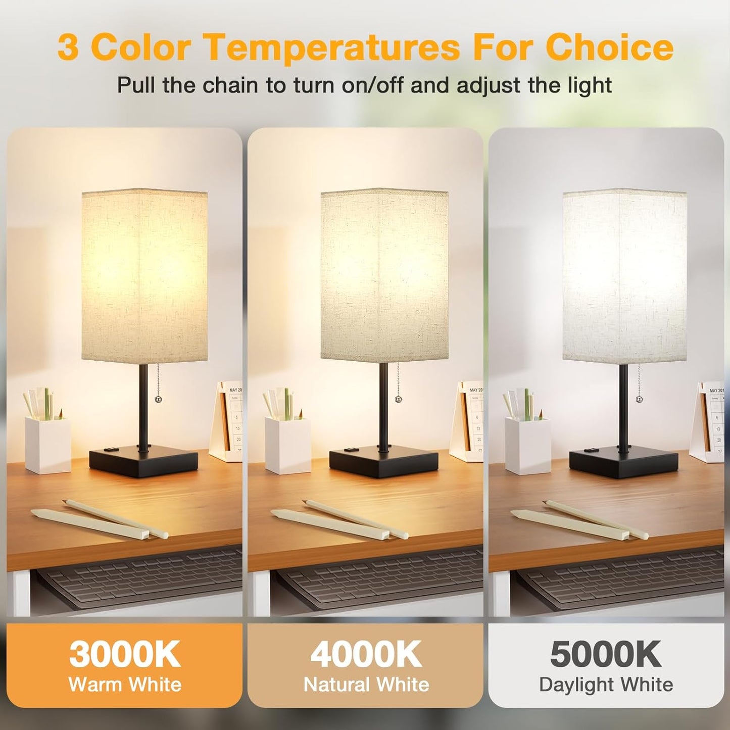 aooshine Beige Table Lamp for Bedroom - 3 Color Temperature 3000K 5000K 4000K Bedside Lamp, Pull Chain Control, USB A and C Ports, AC Outlets, Bulb Included, Medium
