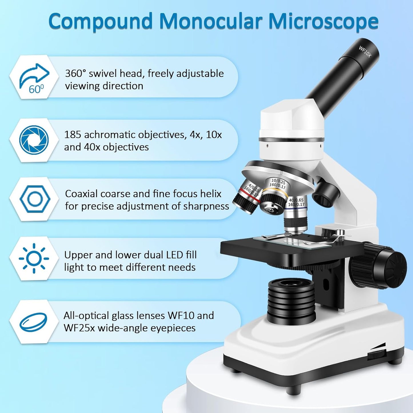 Microscope for Adults 40x-2000x Compound Microscope with Dual LED Illumination for School, Home, Lab, Beginners