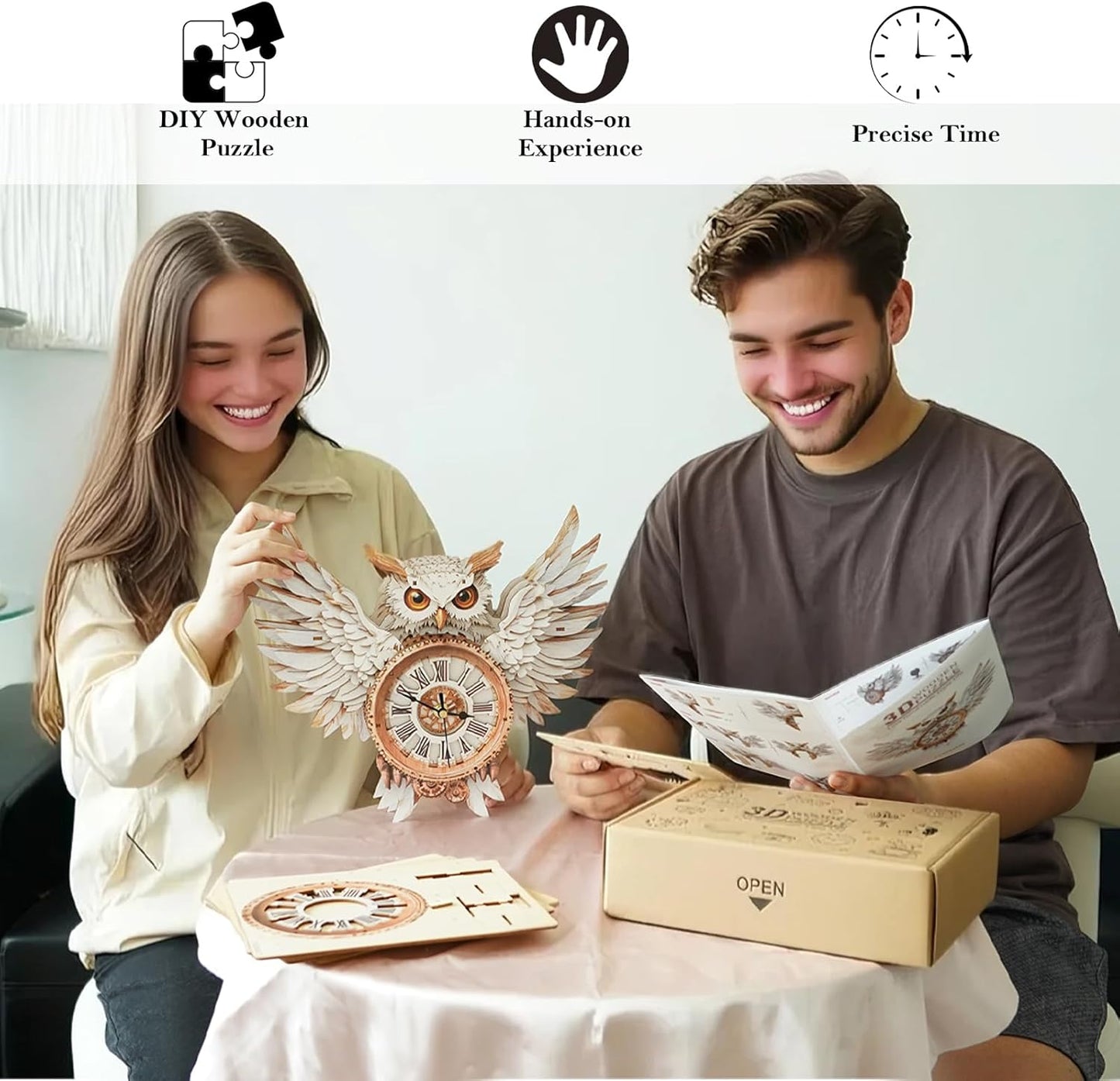 3D Puzzles for Adults Clock-Snowy Owl Design Model Kit-Mechanical DIY Pendulum Clock with Roman Numerals-Desk Home Office Decor Personalized Gift for DIY Lovers