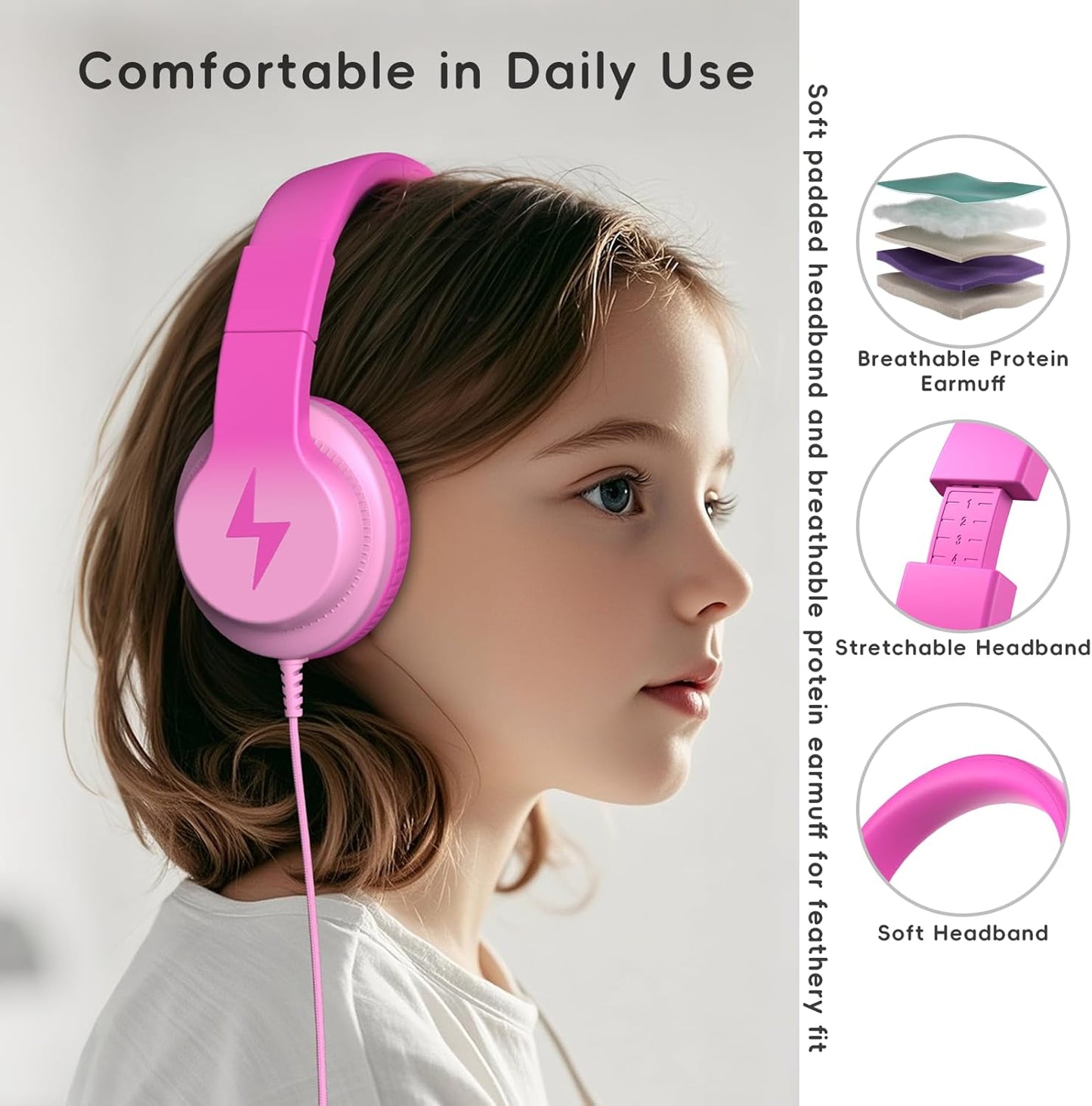 Kids Headphones, Wired Headphones for Kids Over Ear with Microphone, 85/94dB Volume Limiter Headphone for Girls Boys, Foldable Headphone for Learning & Entertainment, Gradient Deep Pink